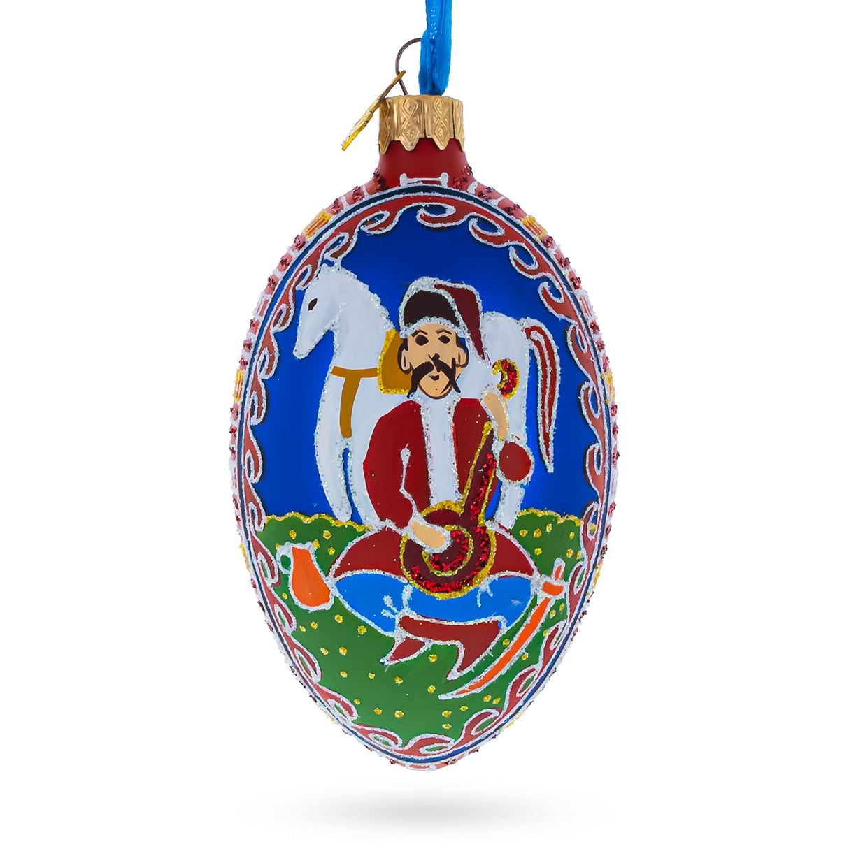 Kozak with Kobza Ukrainian Glass Egg Ornament 4 Inches in Blue color, Oval shape