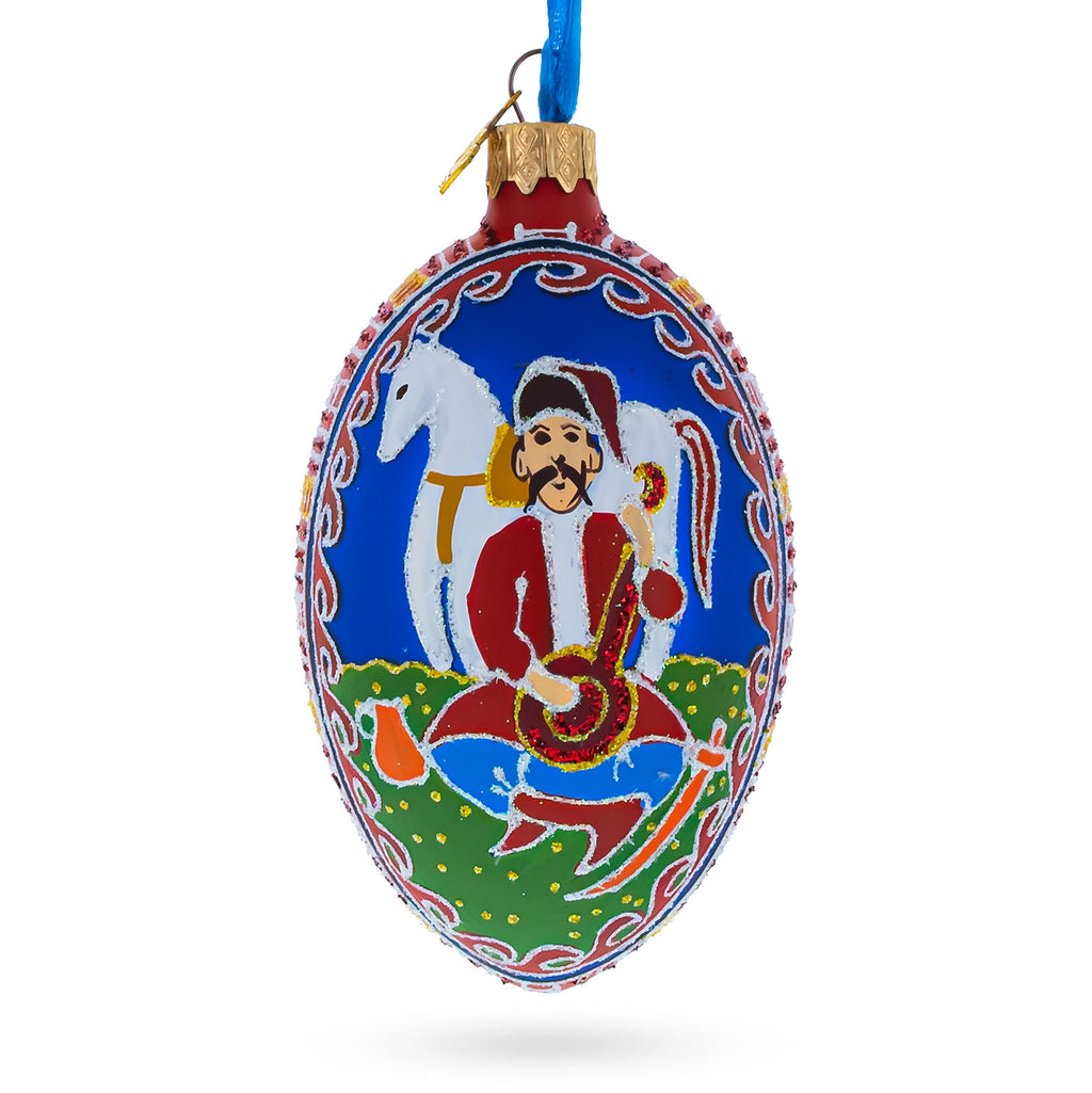 Kozak with Kobza Ukrainian Glass Egg Ornament 4 Inches in Blue color Oval