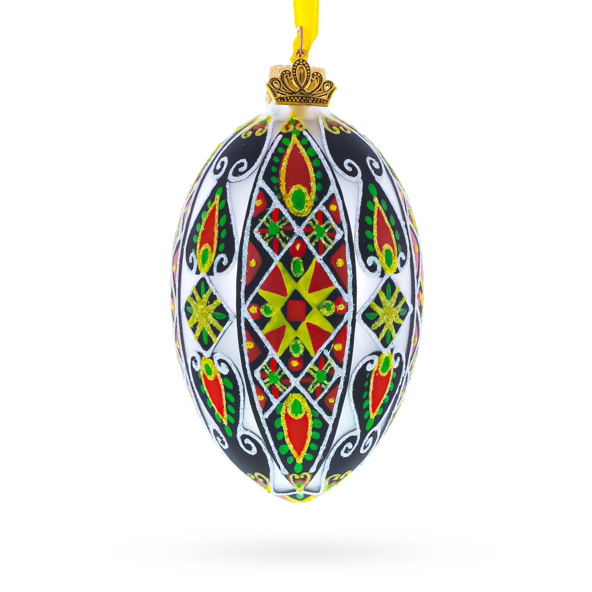 Traditional Ukrainian Pysanka Glass Egg Ornament 4 Inches in Multi color Oval