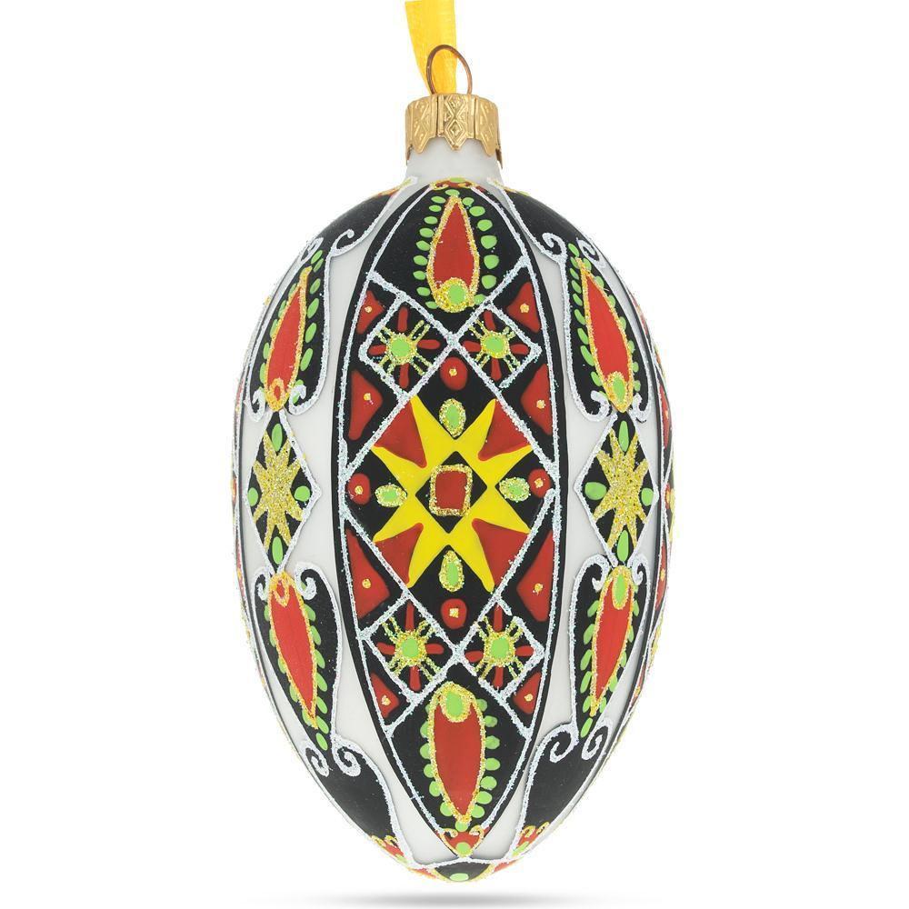 Traditional Ukrainian Pysanka Glass Egg Ornament 4 Inches in Multi color, Oval shape