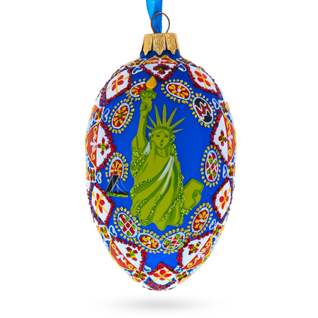 Statue of Liberty Ukrainian Style Glass Egg Ornament 4 Inches in Blue color, Oval shape