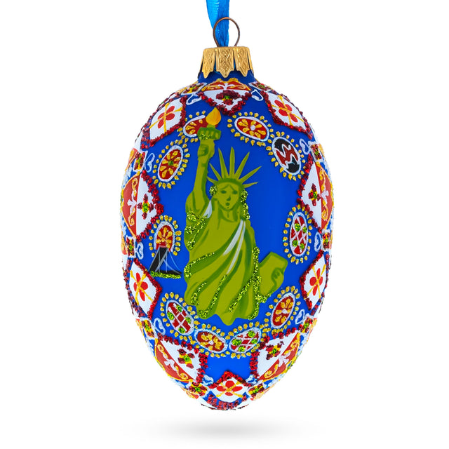 Statue of Liberty Ukrainian Glass Egg Ornament 4 Inches in Blue color Oval