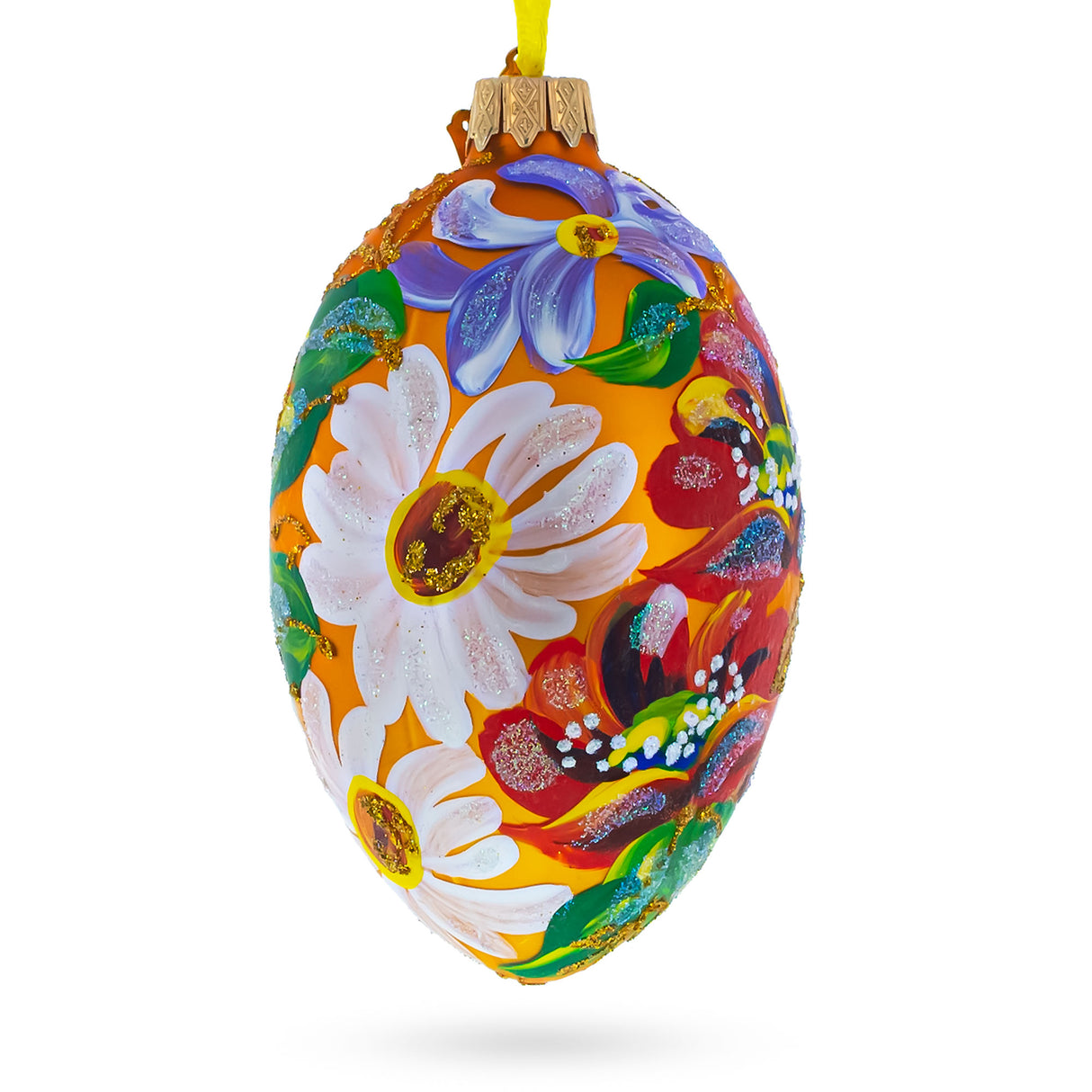 Poppy & Daisy Flowers Glass Egg Ornament 4 Inches in Orange color, Oval shape