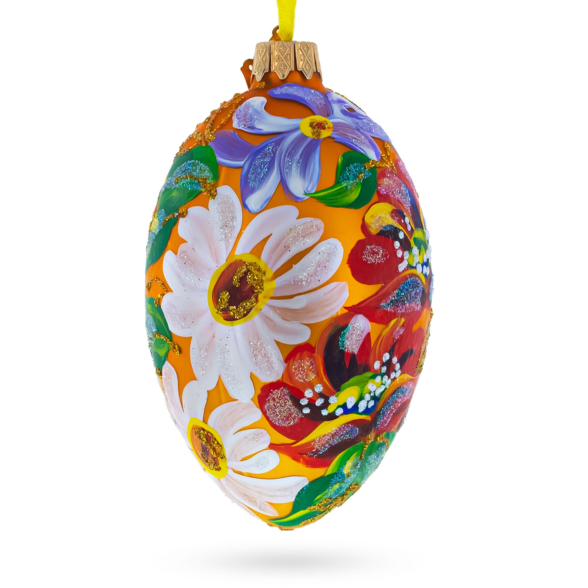 Poppy & Daisy Flowers Glass Egg Ornament 4 Inches in Orange color Oval