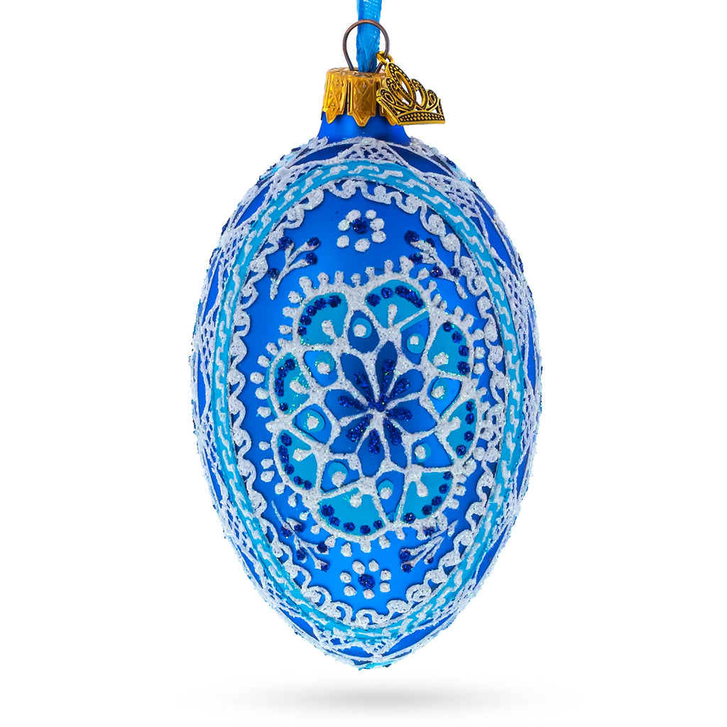Glass Spire Star Ukrainian Glass Egg Ornament 4 Inches in Blue color Oval