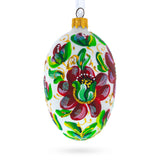 Red Flowers On White Glass Egg Ornament 4 Inches in White color, Oval shape