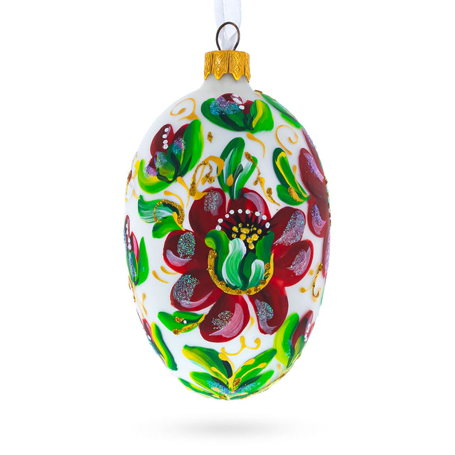 Red Flowers On White Glass Egg Ornament 4 Inches in White color Oval