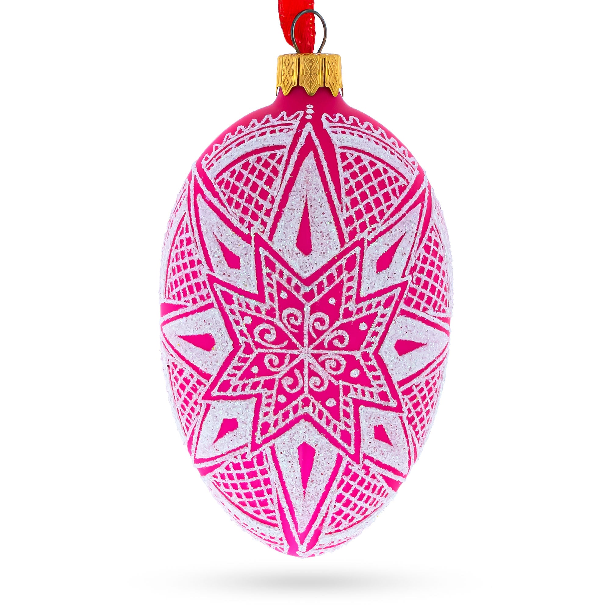 White Star Ukrainian Glass Egg Ornament 4 Inches in Red color Oval