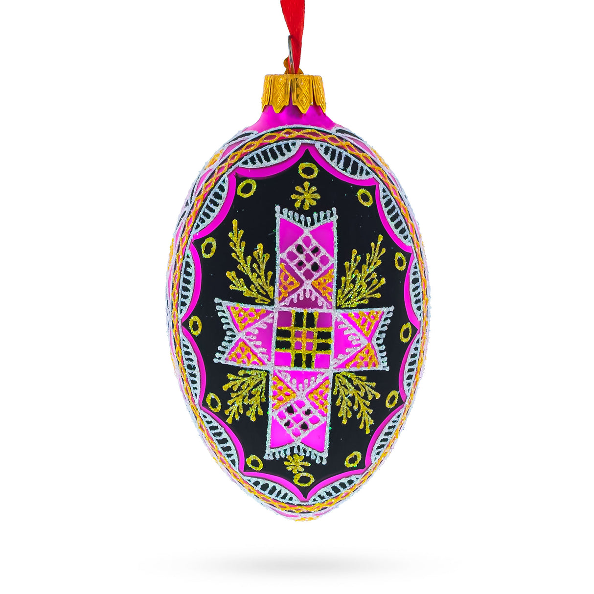 Cross Ukrainian Glass Egg Ornament 4 Inches in Red color, Oval shape