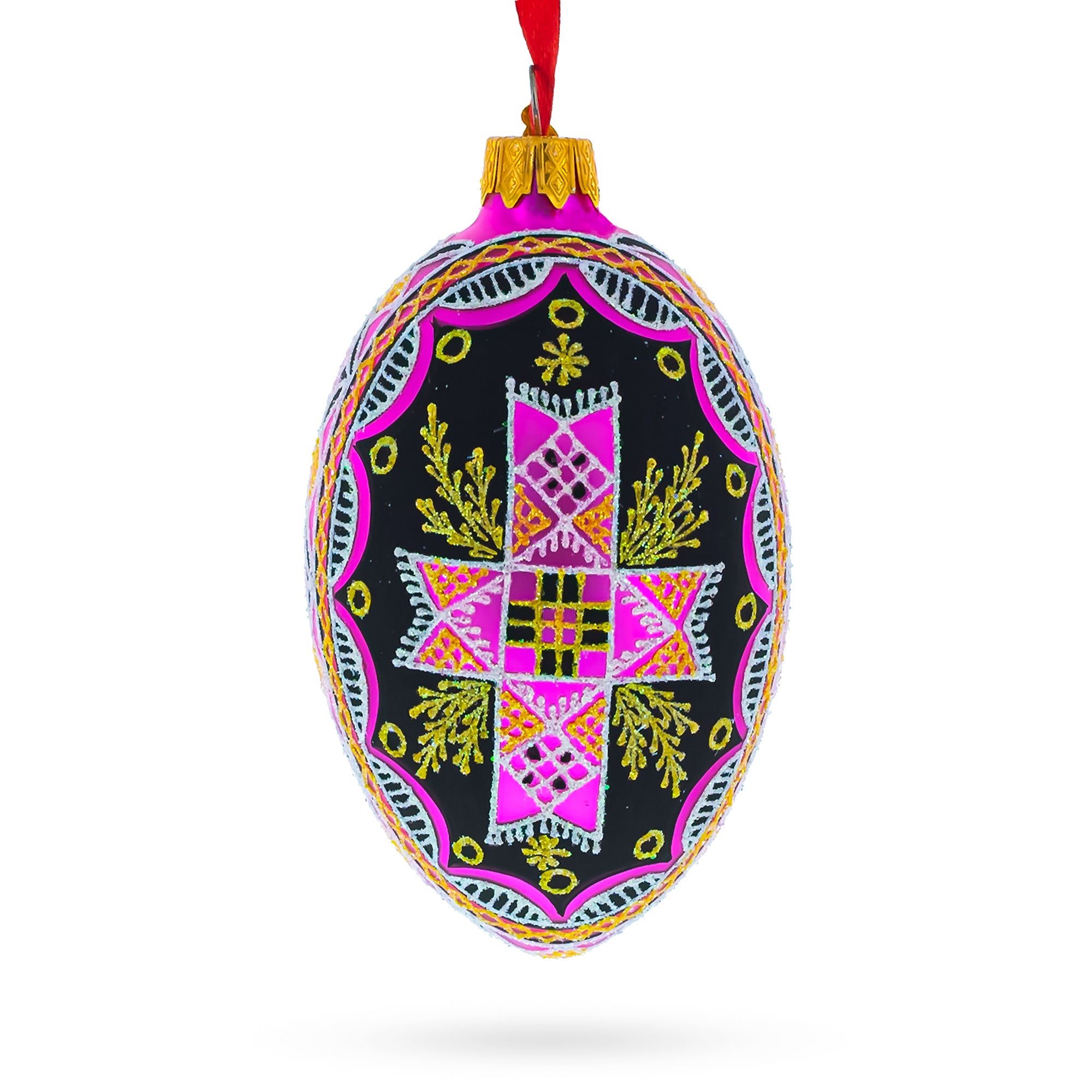Cross Ukrainian Glass Egg Ornament 4 Inches in Red color Oval