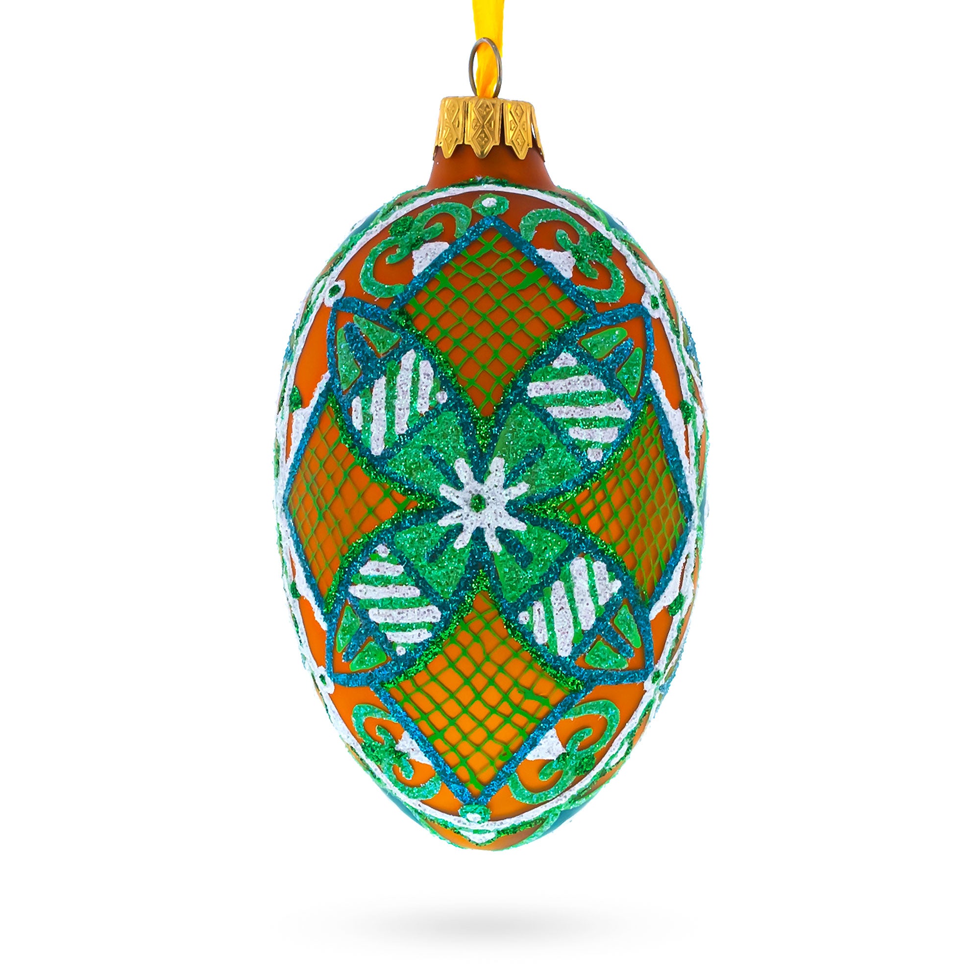 The Green Star Ukrainian Pysanka Glass Egg Ornament 4 Inches in Green color Oval