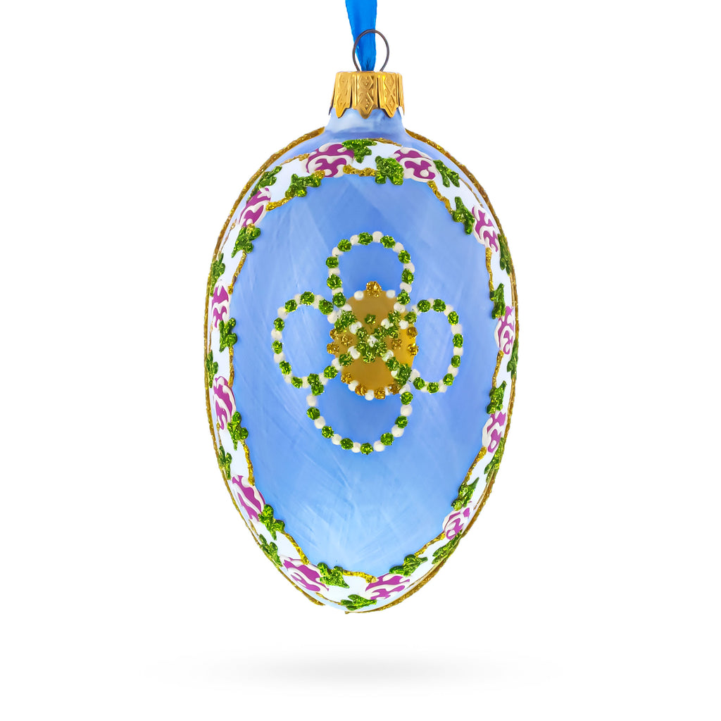 1907 Cradle With Garlands Royal Glass Egg Ornament 4 Inches in Blue color Oval
