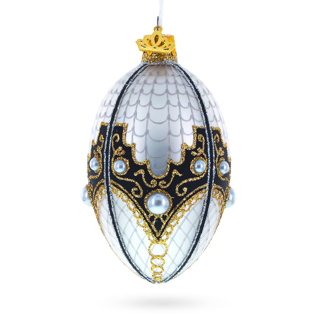 Mother Of Pearl on White Glass Egg Christmas Ornament 4 Inches in White color, Oval shape