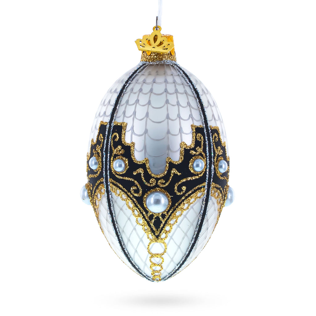 Mother Of Pearl on Gold Filigree Glass Ball Christmas Ornament 4 Inches in White color Oval