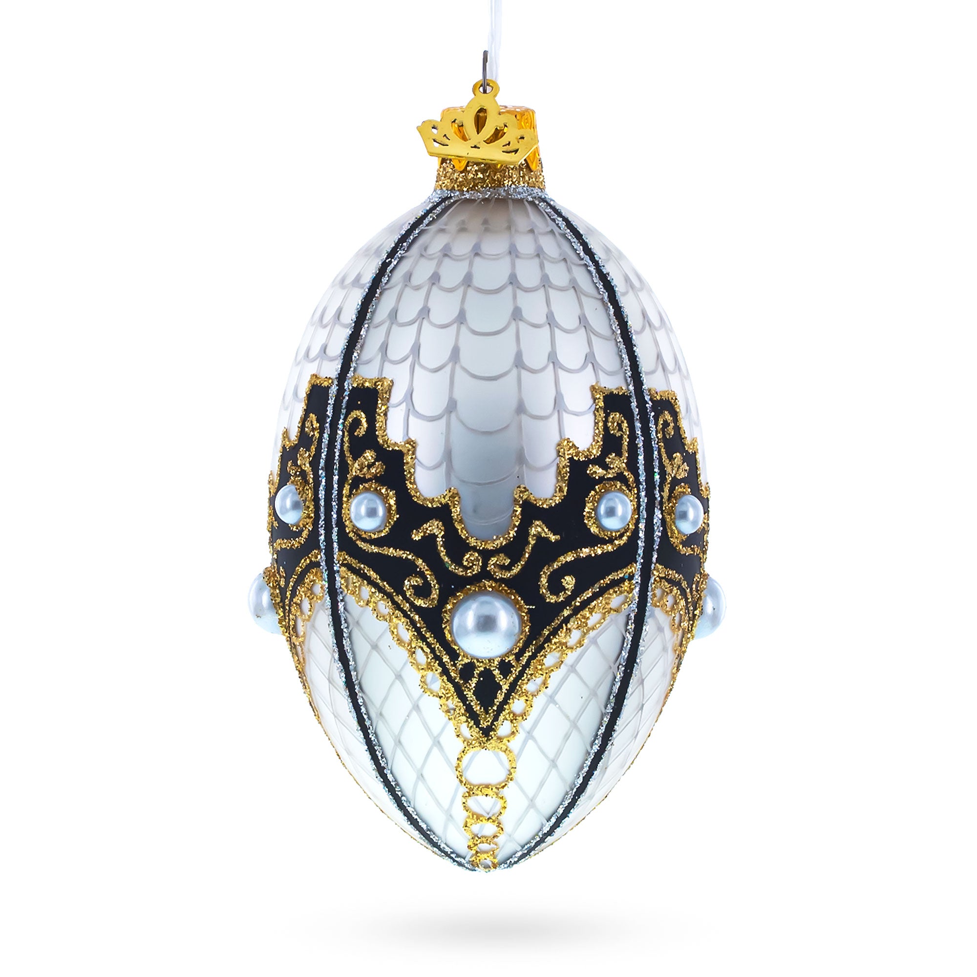 Mother Of Pearl on Gold Filigree Glass Ball Christmas Ornament 4 Inches in White color Oval