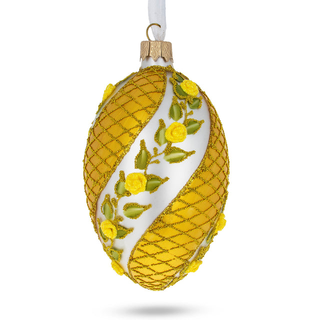 Glass Yellow Flowers Glass Egg Christmas Ornament 4 Inches in Gold color Oval