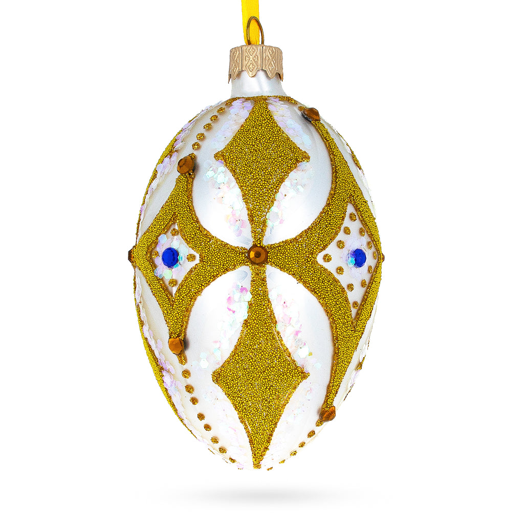 Golden Rhombus On White Glass Egg Ornament 4 Inches in Gold color Oval