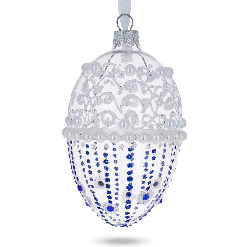 Pearls on Frosted Glass Egg Ornament 4 Inches in White color Oval