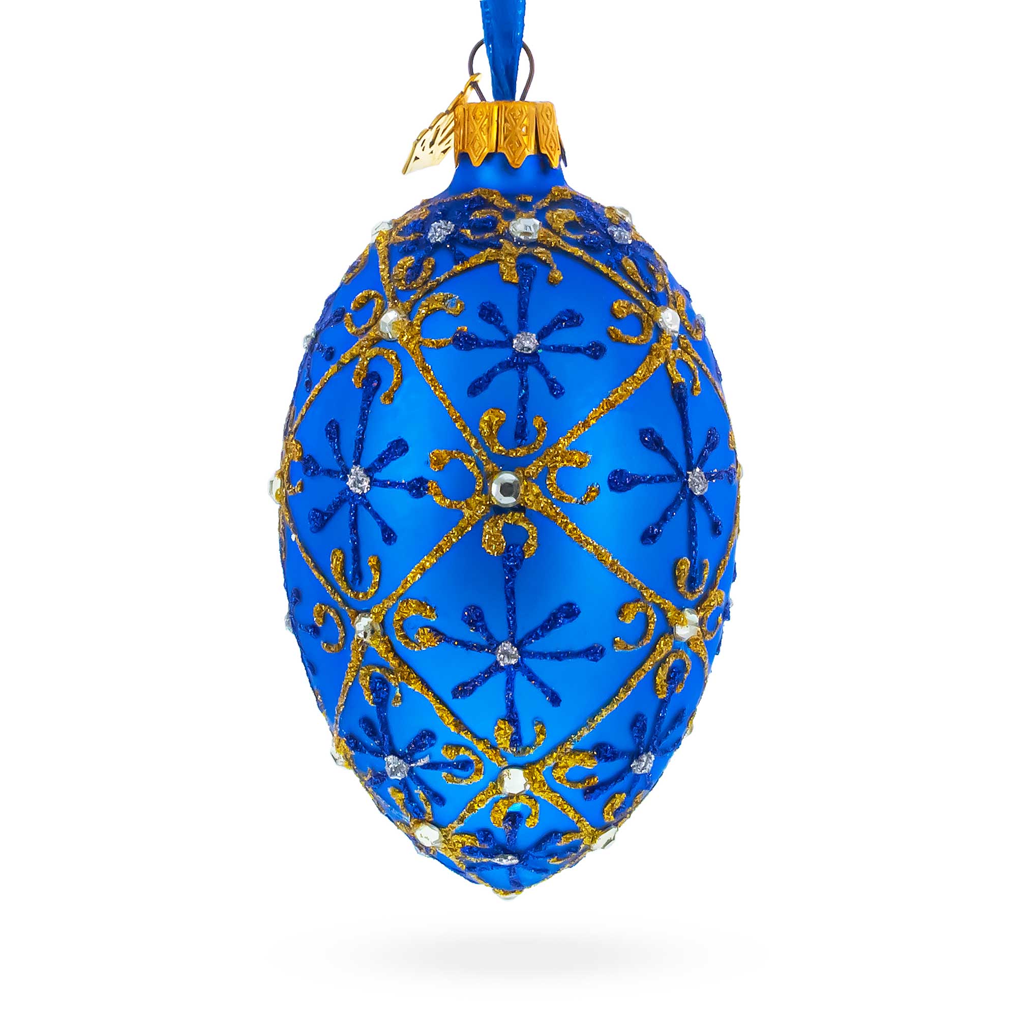 Jeweled Trellis On Blue Glass Egg Ornament 4 Inches in Blue color Oval