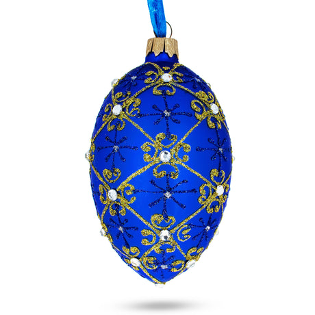 Glass Jeweled Trellis On Blue Glass Egg Ornament 4 Inches in Blue color Oval