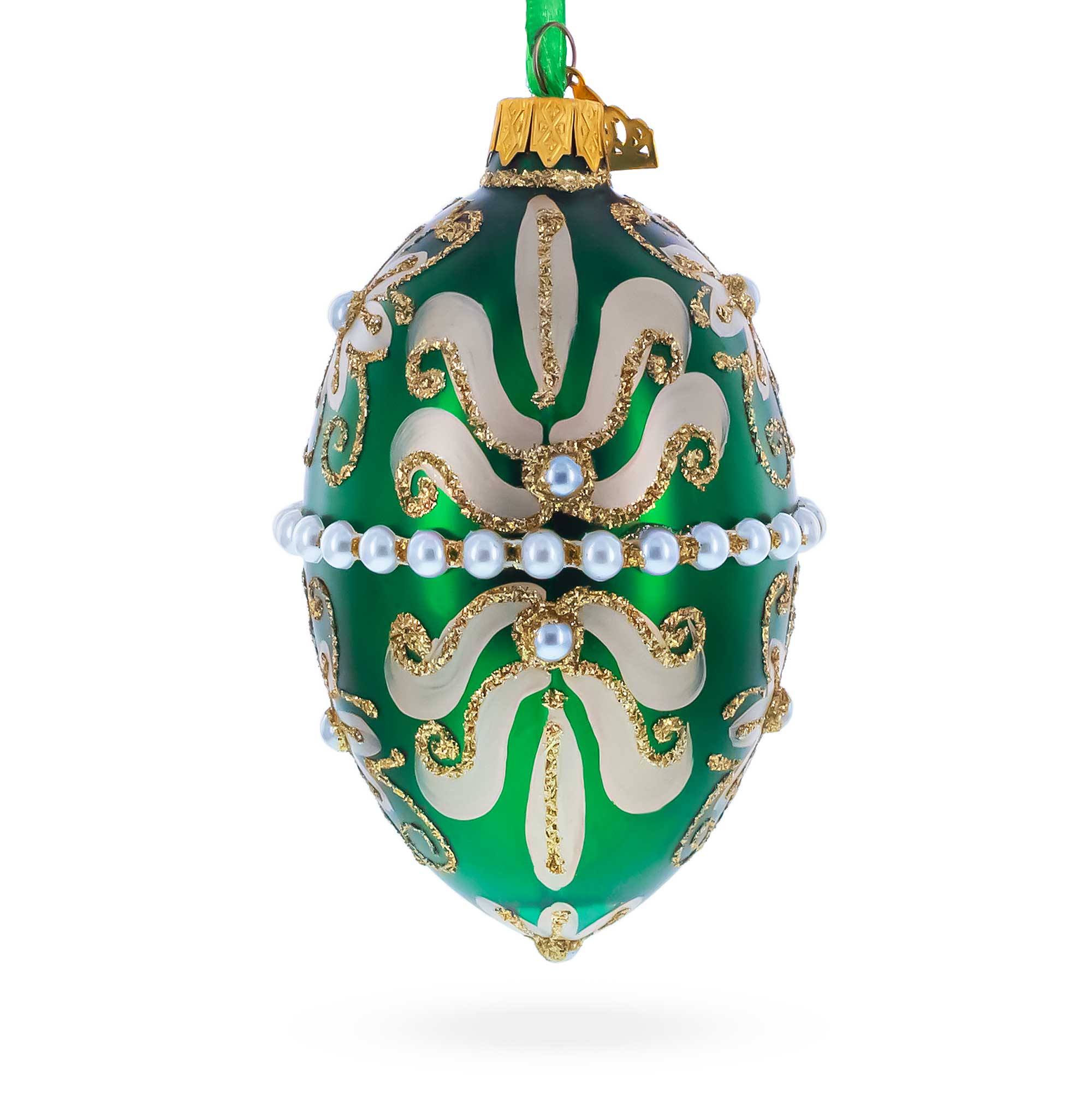 Beaded Center & Golden Flowers On Green Glass Egg Ornament 4 Inches in Green color Oval