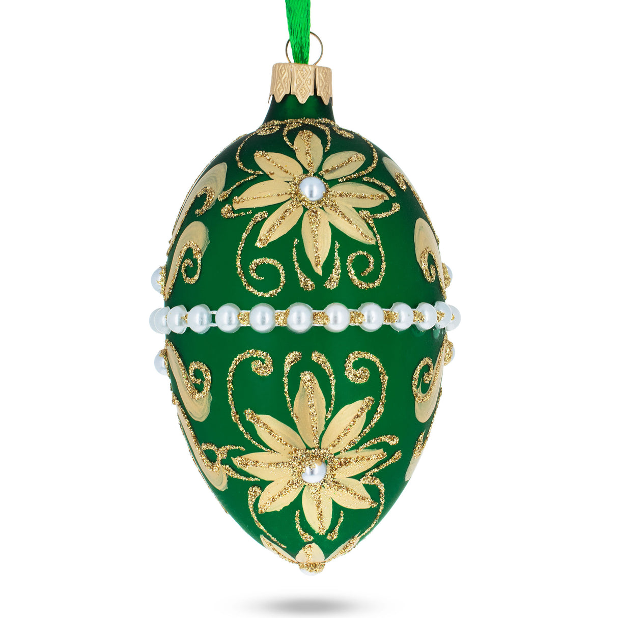 Glass Beaded Center & Golden Flowers On Green Glass Egg Ornament 4 Inches in Green color Oval