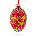Blue Jewels On Red Glass Egg Ornament 4 Inches in Red color Oval
