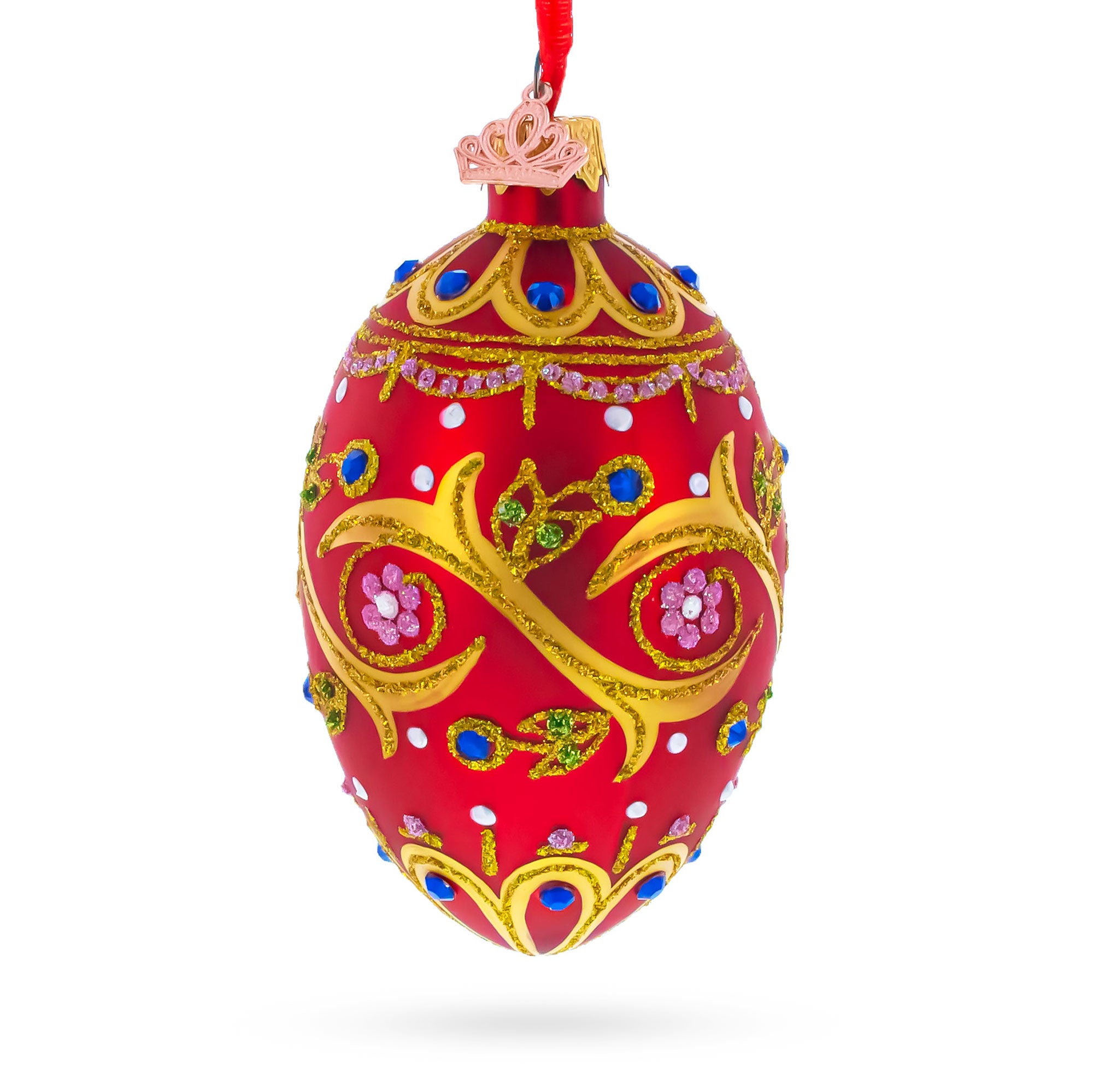 Blue Jewels On Red Glass Egg Ornament 4 Inches in Red color Oval