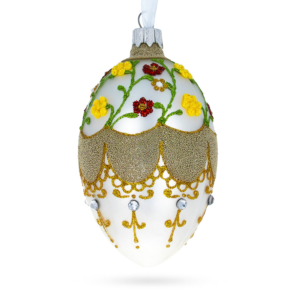 Multicolor Flowers On White Glass Egg Ornament 4 Inches in White color Oval