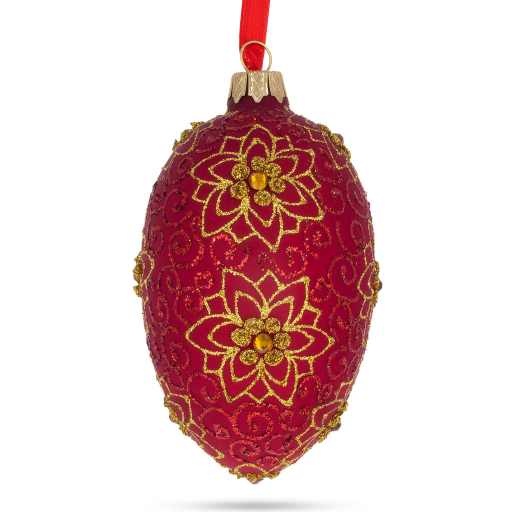 Golden Flower on Red Glass Egg Ornament 4 Inches in Red color, Oval shape