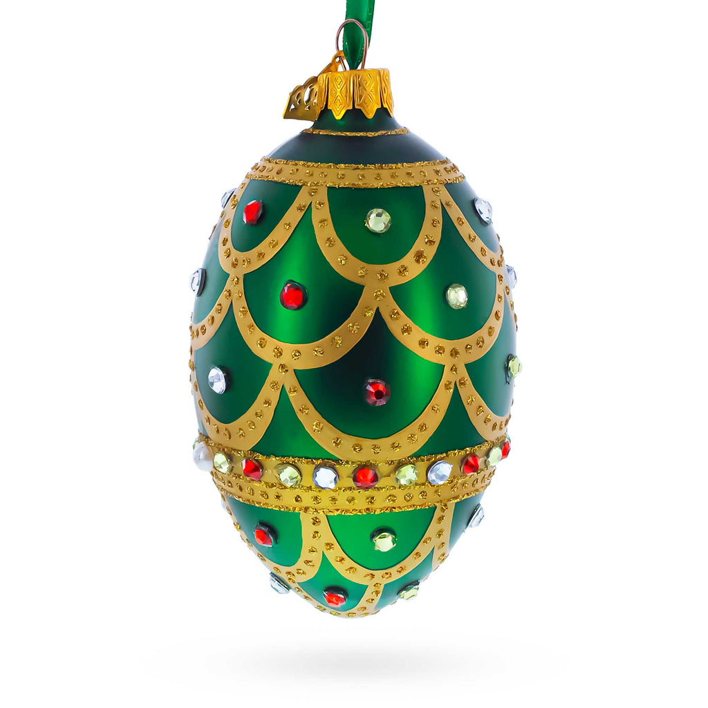 Gold Scallop on Green Jeweled Egg Glass Ornament 4 Inches in Green color Oval