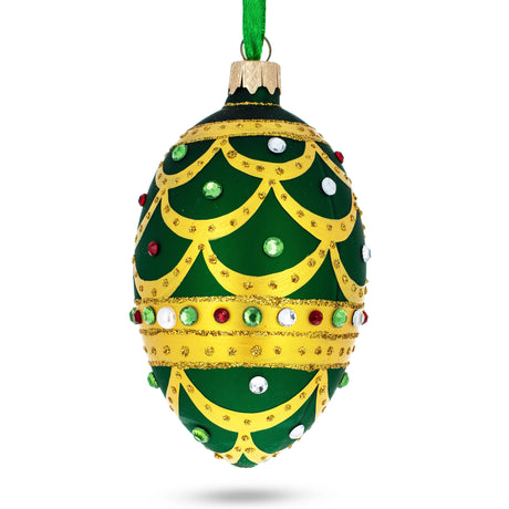 Gold Scallop on Green Jeweled Egg Glass Ornament 4 Inches in Green color, Oval shape