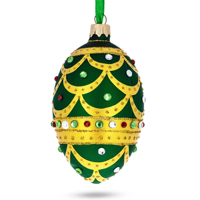 Gold Scallop on Green Jeweled Egg Glass Ornament 4 Inches in Green color Oval
