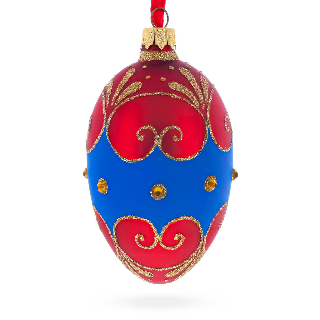 Red and Blue Jeweled Egg Glass Ornament 4 Inches in Red color Oval