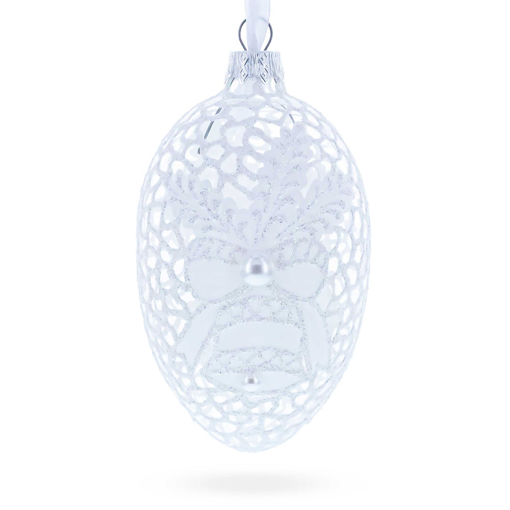 Winter Bells Egg Glass Ornament 4 Inches in White color Oval