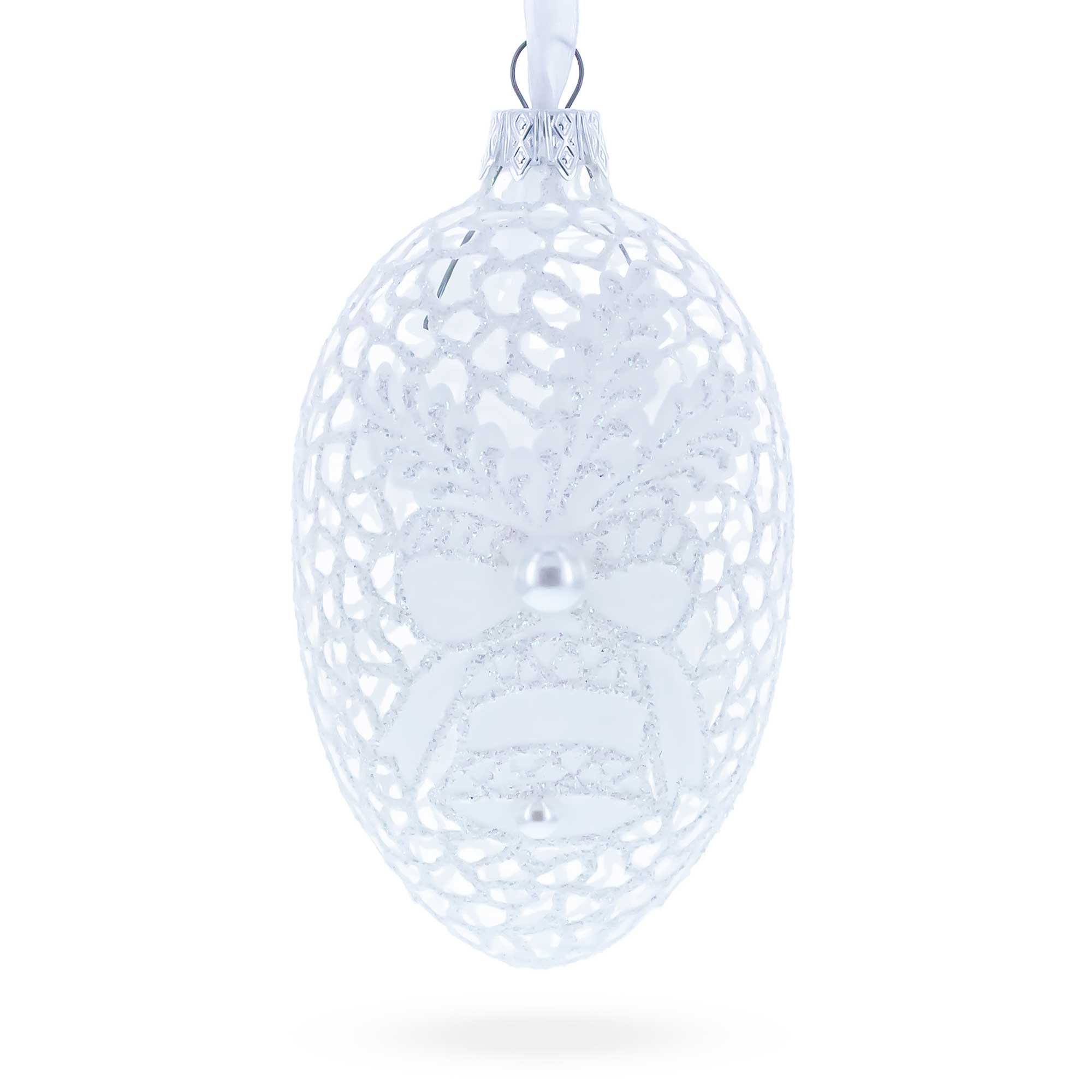 Winter Bells Egg Glass Ornament 4 Inches in White color Oval