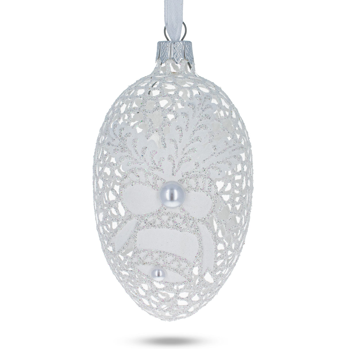 Winter Bells Egg Glass Ornament 4 Inches in White color, Oval shape
