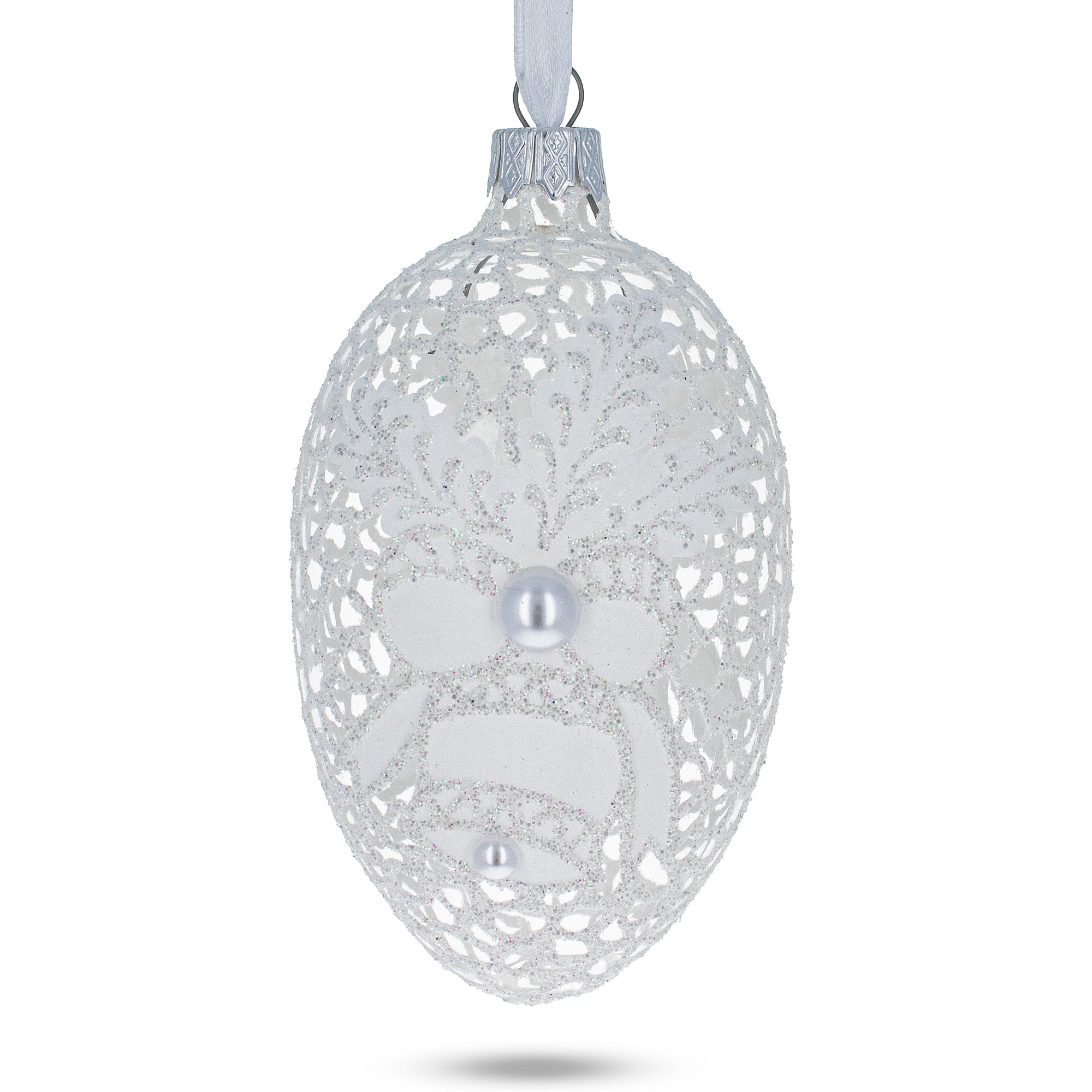 Winter Bells Egg Glass Ornament 4 Inches in White color Oval