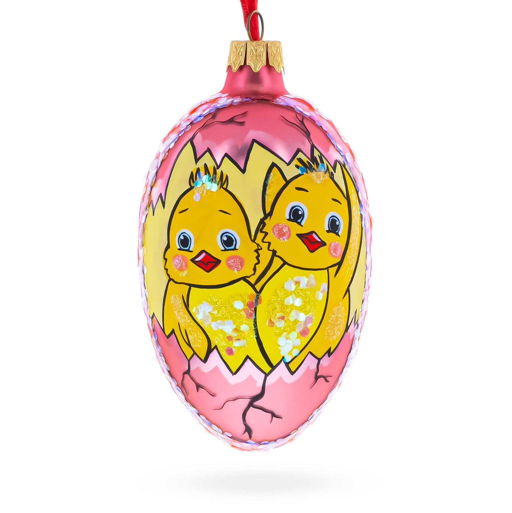 Two Chicks Egg Glass Ornament 4 Inches in Pink color Oval