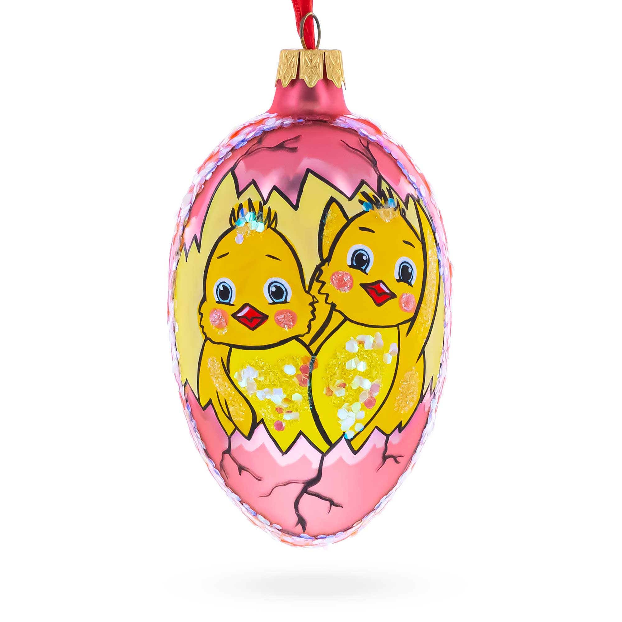 Two Chicks Egg Glass Ornament 4 Inches in Pink color Oval