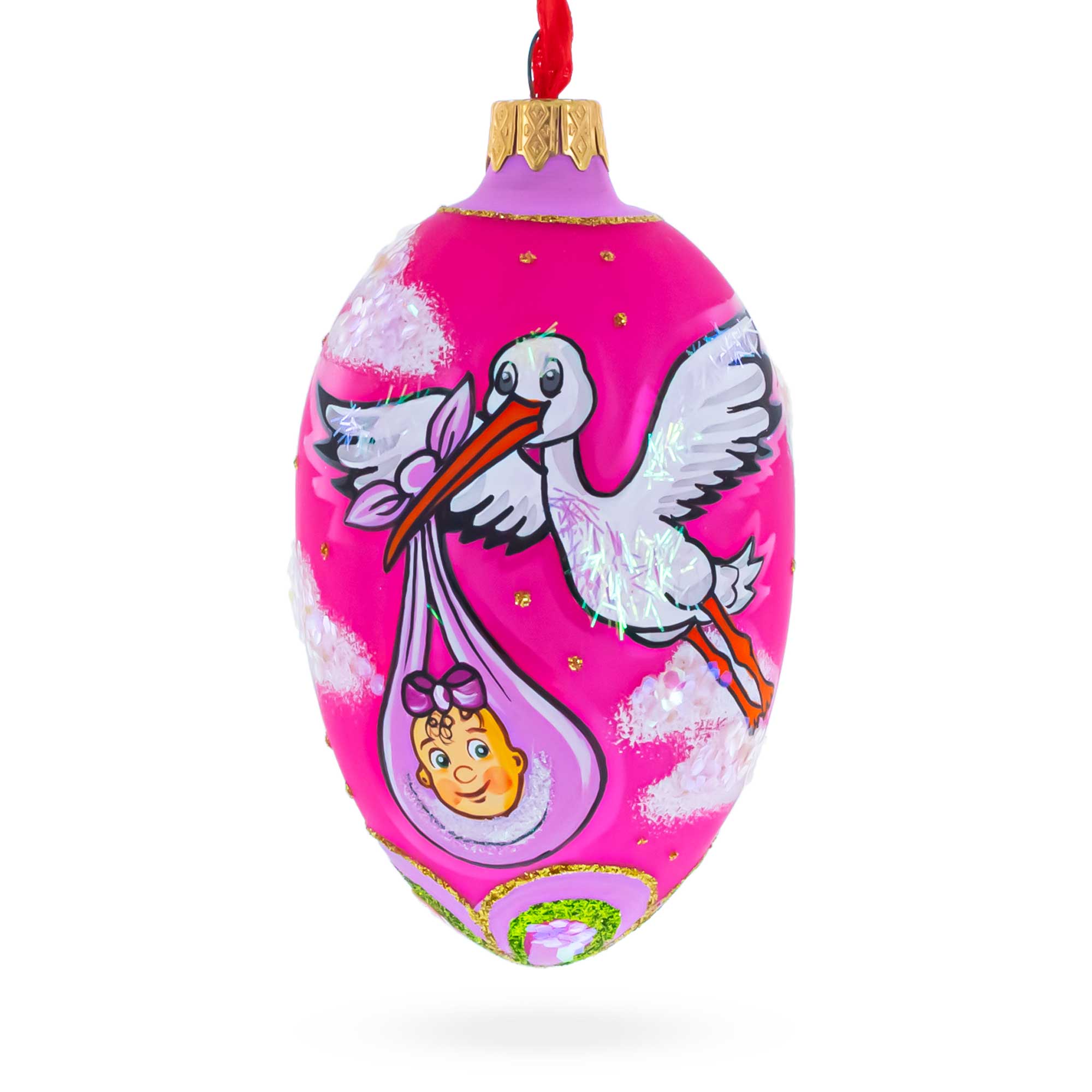 Newborn Baby Girl Egg Glass Ornament 4 Inches in Pink color Oval