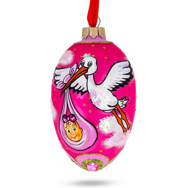 Newborn Baby Girl Egg Glass Ornament 4 Inches in Red color, Oval shape