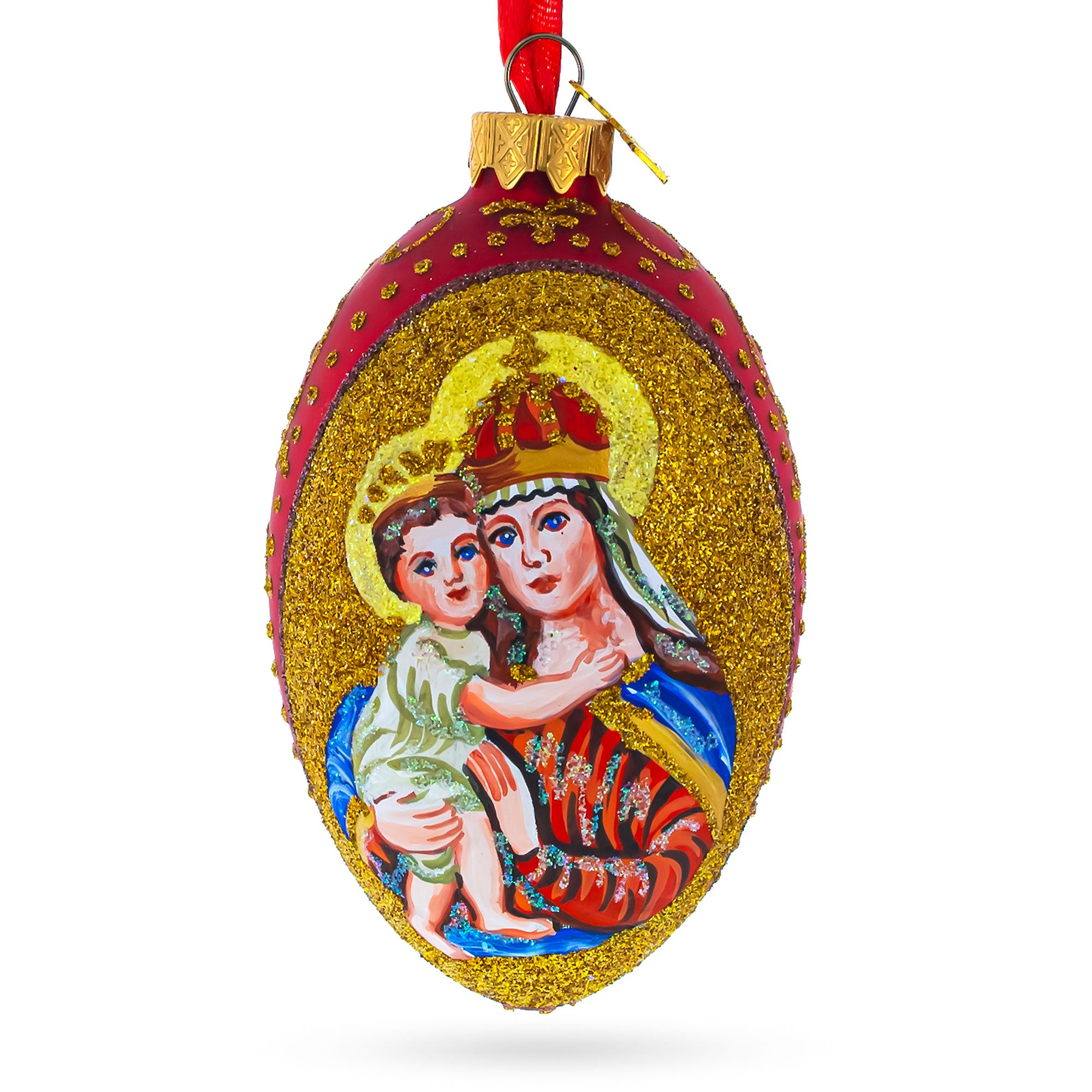 Icon Glittered Egg Glass Ornament 4 Inches in Red color Oval