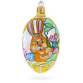 Easter Bunny in Flower Basket Glass Egg Ornament 4 Inches in Yellow color Oval