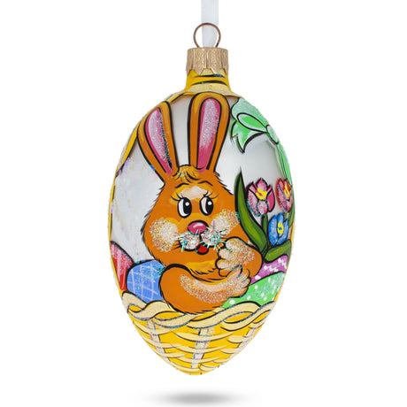 Glass Bunny With Flowers Egg Glass Ornament 4 Inches in Yellow color Oval
