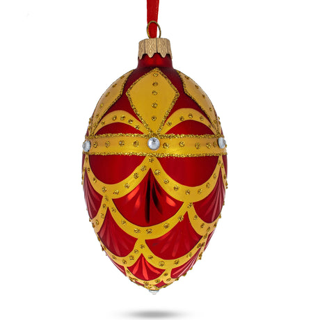 Gold Trellis on Red Egg Glass Ornament 4 Inches in Red color, Oval shape