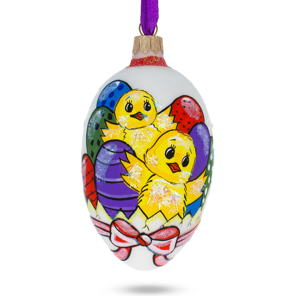 Two Chicks With Easter Egg Glass Ornament 4 Inches in Yellow color, Oval shape