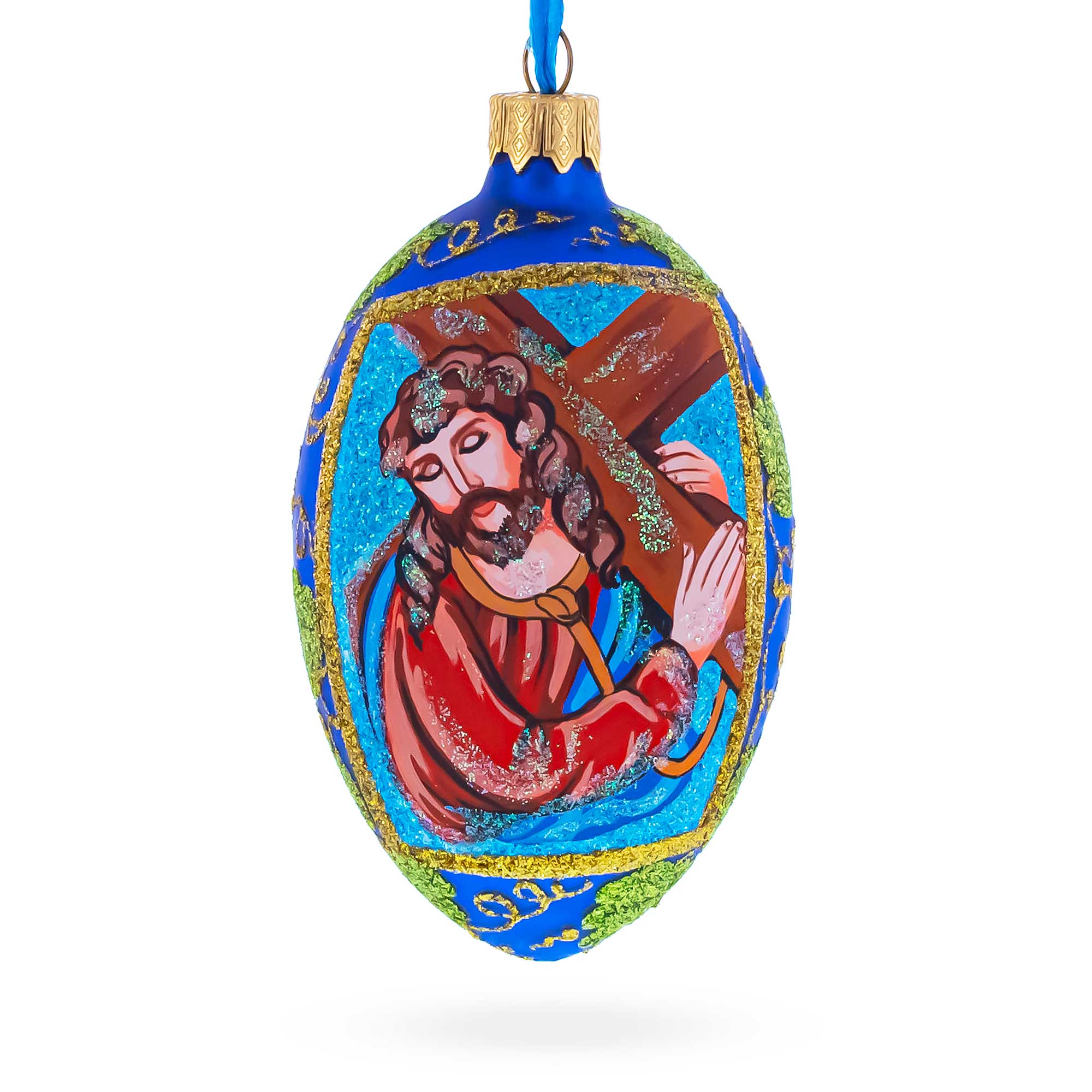 Jesus Carrying The Cross Glass Egg Ornament 4 Inches in Blue color Oval