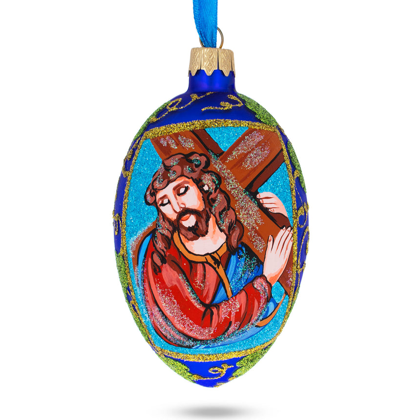 Jesus Caring Cross Egg Glass Ornament 4 Inches in Blue color Oval