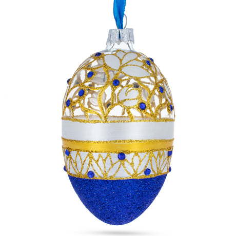 Glass Golden Wines Jeweled Egg Glass Ornament 4 Inches in Blue color Oval